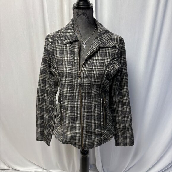 Ruff Hewn Womens Plaid Wool-Blend Jacket Size Small Black White Zip Front Lined - Picture 1 of 9